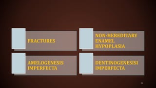 FRACTURES
NON-HEREDITARY
ENAMEL
HYPOPLASIA
AMELOGENESIS
IMPERFECTA
DENTINOGENESISI
IMPERFECTA
23
 