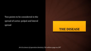 THE DISEASE
Two points to be considered in the
spread of caries: pulpal and lateral
spread
Art & science of operative dentistry 5th edition page no.287
 