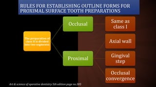 RULES FOR ESTABLISHING OUTLINE FORMS FOR
PROXIMAL SURFACE TOOTH PREPARATIONS
The preparation of
class II is divided
into two segments:
Occlusal
Same as
class I
Proximal
Axial wall
Gingival
step
Occlusal
convergence
Art & science of operative dentistry 5th edition page no.305
 