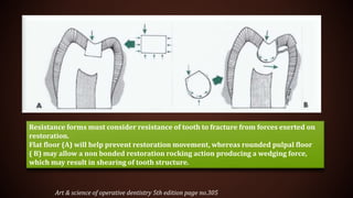Art & science of operative dentistry 5th edition page no.305
Resistance forms must consider resistance of tooth to fracture from forces exerted on
restoration.
Flat floor (A) will help prevent restoration movement, whereas rounded pulpal floor
( B) may allow a non bonded restoration rocking action producing a wedging force,
which may result in shearing of tooth structure.
 