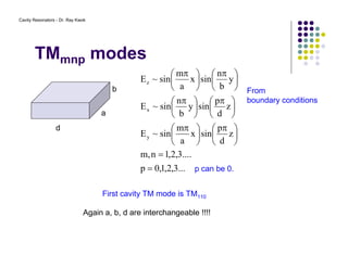 Cavity Resonators - Dr. Ray Kwok
TMmnp modes
a
b
d
...3,2,1,0p
....3,2,1n,m
z
d
p
sinx
a
m
sin~E
z
d
p
siny
b
n
sin~E
y
b
n
sinx
a
m
sin~E
y
x
z
=
=





 π





 π





 π





 π





 π





 π
p can be 0.
First cavity TM mode is TM110
Again a, b, d are interchangeable !!!!
From
boundary conditions
 