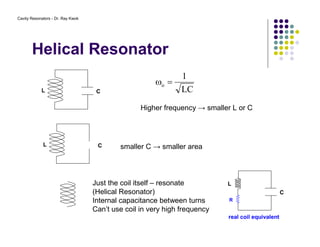 Cavity Resonators - Dr. Ray Kwok
Helical Resonator
L C LC
1
o =ω
Higher frequency → smaller L or C
L C smaller C → smaller area
Just the coil itself – resonate
(Helical Resonator)
Internal capacitance between turns
Can’t use coil in very high frequency
L
C
R
real coil equivalent
 