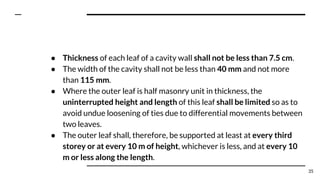 ● Thickness of each leaf of a cavity wall shall not be less than 7.5 cm.
● The width of the cavity shall not be less than 40 mm and not more
than 115 mm.
● Where the outer leaf is half masonry unit in thickness, the
uninterrupted height and length of this leaf shall be limited so as to
avoid undue loosening of ties due to differential movements between
two leaves.
● The outer leaf shall, therefore, be supported at least at every third
storey or at every 10 m of height, whichever is less, and at every 10
m or less along the length.
35
 