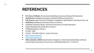 REFERENCES
▪ S.P. Arora, S.P.Bindra, The text book of Building Construction, Dhanpat Rai Publication
▪ Sushil Kumar, Building Constructipon, Standard Publishers Distributors
▪ P.N. Khanna, Indian Practical Civil Engineer’s Handbook, USB Publishers’ Distributors Pvt. Ltd.
▪ W.B.Mckay, Building Counstruction (volume 1), Pearson
▪ Handbook on Masonry Design and Construction, Bureau of Indian Standards
▪ National Building Code of India 2016, Volume 1
▪ CPWD Specifications, Volume 1
▪ IS 1905 : 1987
▪ IS 2212 : 1991 (Brick Works - Code of Practice)
▪ https://www.nicee.org/
▪ http://www.bmtpc.org/
▪ Maity, Damodar. (2014). Experimental investigation on chemically treated bamboo reinforced
concrete beams and columns. Construction and Building Materials. 71. 610-617.
57
 