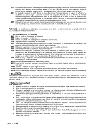 Página 23 de 55
2.2.3. Coordinación De Convivencia citará a los padres de familia para informar y adoptar medidas de protección al menor de forma
inmediata, dejará registrado el hecho mediante la elaboración de Acta, documento al cual se anexaran los DESCARGOS de
los implicados en la situación, copia de citación a padres y/o acudientes, y Compromisos de cada una de las partes.
2.2.4. Se abordará el caso por el CACA (Comité de Apoyo Convivencial Aranguista) dándose un espacio de reflexión a los
estudiantes para que expongan y precisen lo acontecido ante sus padres, haciendo uso de los derechos de intimidad,
confidencialidad y demás derechos establecidos por la ley para la reparación de los daños causados. El comité realiza el
análisis, sugiere y brinda acciones formativas en aras de reparar, restituir y reconciliar los derechos vulnerados, seguimiento
y verificación si la situación fue efectiva, anexando recomendaciones pertinentes al caso.
2.2.5. El departamento de orientación, reporta la situación al aplicativo (sistema de alertas), si el caso lo amerita, fijando la remisión
de la situación que exija el restablecimiento de derechos por el ICBF y/o otras entidades de apoyo.
PARÁGRAFO I: La reincidencias en faltas Tipo II serán evaluadas por el CACA y se determinará si debe ser dirigido al Comité de
Convivencia Escolar Institucional o a Rectoría.
2.3. Acciones Pedagógicas y/o Formativas:
2.3.1 Nota por escrito en el observador del estudiante
2.3.2 Registro de descargos y compromisos
2.3.3 Citación al acudiente para realizar primeros compromisos convivenciales
2.3.4 Seguimiento sobre el cumplimiento de compromisos.
2.3.5 Trabajo pedagógico formativo guiado y orientado por docentes, coordinaciones y/o el departamento de orientación, el cual
puede ser realizado dentro o fuera de la institución según indicaciones.
2.3.6 Elaboración de periódicos murales sobre temas específicos según gravedad de la situación.
2.3.7 Remisión a coordinación y/u orientación en caso de reincidencia.
2.3.8 Desaularización pedagógica y formativa guiada desde orientación y/o coordinación en caso de reincidencia. (La
desaularización solo la formaliza coordinación de convivencia, teniendo los soportes del debido proceso, mediante acta
firmada por el estudiante, padre de familia y coordinación). El (la) estudiante se hará responsable de las valoraciones y
trabajos que se realicen en estos días. Puede ser de tres (3) hasta cinco (5) días.
2.3.9 Firma de Acta y Compromiso, para evidenciar las alternativas de solución acordadas en el proceso disuasivo, por el o los
estudiantes y sus padres o acudientes.
2.3.10 Pago y/o restitución de los objetos que se dañen o pierdan.
2.3.11 Prestar servicio comunitario orientado y acompañado por el grupo de docentes de vigilancia (el tiempo estimado dependerá
de la falta).
2.3.12 Asistencia a entidades de apoyo, según sea el caso.
2.3.13 Presentación de informe escrito a coordinación de convivencia del control realizado por la entidad pertinente.
2.3.14 Inscripción a actividades tendientes al aprovechamiento del tiempo libre, que apoyen y refuercen el proceso de superación
personal.
3. Situación Tipo III
Agresión escolar que sean constitutivas de presuntos delitos contra la libertad, integridad y formación sexual, referidos en el Título IV del
Libro 11 de la Ley 599 de 2000 (Código Penal Colombiano), o cuando constituyen cualquier otro delito establecido en la ley penal
colombiana vigente
1.1.Tipificación Situaciones Tipo lll
3.1.1. Clima escolar
a. Expendio y/o inducción al consumo de sustancias psicoactivas o de cualquier otra que alteren el estado de la conciencia.
b. Porte y/o distribución de sustancias psicoactivas.
c. Alteración o falsificación en la documentación presentada a la institución, en cada instancia que allí labore (docentes,
secretarías, orientación escolar, educación especial, coordinaciones y rectoría).
d. Hacer fraude en la entrega, presentación y/o sustentación de cualquier trabajo y/o evaluación, incluidos las actividades de
apoyo.
e. Porte o uso de cualquier tipo de arma contundente, blanca o de fuego, a excepción de los implementos autorizados por el
maestro para el trabajo en clase (agujas, jeringas, bisturís, etc.), además de elementos reconocidos de defensa personal
(gas pimienta, pistolas eléctricas, tambos, entre otros).
f. Daño a bien público o actividades de vandalismo, entendido este último como la actitud o inclinación a cometer acciones
destructivas contra la propiedad pública sin consideración alguna hacia los demás.
g. Realizar y/o participar en eventos y/o acciones que atenten contra los bienes públicos, lesionen la salud o la integridad física.
h. Incumplimiento de los compromisos adquiridos en situaciones de tipo II.
i. Complicidad o encubrimiento de algún delito punible por la ley Colombiana (hurto, falsificación agresión con lesiones
personales, injuria, calumnia entre otros).
j. Pertenencia a pandillas, grupos de delincuencia organizada, barras futboleras y propiciar la presencia de los mismos dentro
o fuera de la institución.
 
