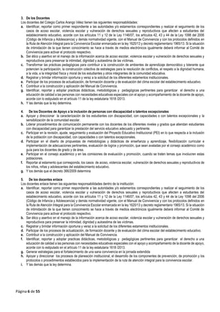 Página 6 de 55
3. De los Docentes
Los docentes del Colegio Carlos Arango Vélez tienen las siguientes responsabilidades:
a. Identificar, reportar como primer respondiente a las autoridades y/o estamentos correspondientes y realizar el seguimiento de los
casos de acoso escolar, violencia escolar y vulneración de derechos sexuales y reproductivos que afecten a estudiantes del
establecimiento educativo, acorde con los artículos 11 y 12 de la Ley 1146/07, los artículos 42, 43 y 44 de la Ley 1098 del 2006
(Código de Infancia y Adolescencia) y demás normatividad vigente, con el Manual de Convivencia y con los protocolos definidos en
la Ruta de Atención Integral para la Convivencia Escolar enmarcada en la ley 1620/13 y decreto reglamentario 1965/13. Si la situación
de intimidación de la que tienen conocimiento se hace a través de medios electrónicos igualmente deberá informar al Comité de
Convivencia para activar el protocolo respectivo.
b. Ser ético y asertivo en el manejo de la información acerca de acoso escolar, violencia escolar y vulneración de derechos sexuales y
reproductivos para preservar la intimidad, dignidad y autoestima de las víctimas.
c. Transformar las prácticas pedagógicas para contribuir a la construcción de ambientes de aprendizaje democrático y tolerante que
potencien la participación, la construcción colectiva de estrategias para la resolución de conflictos, el respeto a la dignidad humana,
a la vida, a la integridad física y moral de los estudiantes y otros integrantes de la comunidad educativa.
d. Registrar y brindar información oportuna y veraz a la solicitud de los diferentes estamentos institucionales.
e. Participar de los procesos de actualización, de formación docente y de evaluación del clima escolar del establecimiento educativo.
f. Contribuir a la construcción y aplicación del Manual de Convivencia.
g. Identificar, reportar y adoptar practicas didácticas, metodológicas y pedagógicas pertinentes para garantizar el derecho a una
educación de calidad a las personas con necesidades educativas especiales con el apoyo y acompañamiento de la docente de apoyo,
acorde con lo estipulado en el artículo 11 de la ley estatutaria 1618 /2013.
h. Y las demás que la ley determina.
4. De los Docentes de Apoyo a la inclusión de personas con discapacidad o talentos excepcionales
a. Apoyar y direccionar la caracterización de los estudiantes con discapacidad, con capacidades o con talentos excepcionales y la
sensibilización de la comunidad escolar.
b. Liderar procedimientos de comunicación permanente con los docentes de los diferentes niveles y grados que atiendan estudiantes
con discapacidad para garantizar la prestación del servicio educativo adecuado y pertinente.
c. Participar en la revisión, ajuste, seguimiento y evaluación del Proyecto Educativo Institucional (PEI) en lo que respecta a la inclusión
de la población con discapacidad, con capacidades o con talentos excepcionales.
d. Participar en el diseño de propuestas de metodologías y didácticas de enseñanza y aprendizaje, flexibilización curricular e
implementación de adecuaciones pertinentes, evaluación de logros y promoción, que sean avaladas por el consejo académico como
guía para los docentes de grado y de área.
e. Participar en el consejo académico y en las comisiones de evaluación y promoción, cuando se traten temas que involucren estas
poblaciones.
f. Reportar al estamento que corresponda, los casos de acoso, violencia escolar, vulneración de derechos sexuales y reproductivos de
los niños, niñas y adolescentes del establecimiento educativo.
g. Y los demás que el decreto 366/2009 determina
5. De los docentes enlace
Los docentes enlace tienen las siguientes responsabilidades dentro de la institución:
a. Identificar, reportar como primer respondiente a las autoridades y/o estamentos correspondientes y realizar el seguimiento de los
casos de acoso escolar, violencia escolar y vulneración de derechos sexuales y reproductivos que afecten a estudiantes del
establecimiento educativo, acorde con los artículos 11 y 12 de la Ley 1146/07, los artículos 42, 43 y 44 de la Ley 1098 del 2006
(Código de Infancia y Adolescencia) y demás normatividad vigente, con el Manual de Convivencia y con los protocolos definidos en
la Ruta de Atención Integral para la Convivencia Escolar enmarcada en la ley 1620/13 y decreto reglamentario 1965/13. Si la situación
de intimidación de la que tienen conocimiento se hace a través de medios electrónicos igualmente deberá informar al Comité de
Convivencia para activar el protocolo respectivo.
b. Ser ético y asertivo en el manejo de la información acerca de acoso escolar, violencia escolar y vulneración de derechos sexuales y
reproductivos para preservar la intimidad, dignidad y autoestima de las víctimas.
c. Registrar y brindar información oportuna y veraz a la solicitud de los diferentes estamentos institucionales.
d. Participar de los procesos de actualización, de formación docente y de evaluación del clima escolar del establecimiento educativo.
e. Contribuir a la construcción y aplicación del Manual de Convivencia.
f. Identificar, reportar y adoptar practicas didácticas, metodológicas y pedagógicas pertinentes para garantizar el derecho a una
educación de calidad a las personas con necesidades educativas especiales con el apoyo y acompañamiento de la docente de apoyo,
acorde con lo estipulado en el artículo 11 de la ley estatutaria 1618 /2013.
g. Generar estrategias para el fortalecimiento de una sana convivencia en la jornada extendida
h. Apoyar y direccionar los procesos de planeación institucional, el desarrollo de los componentes de prevención, de promoción y los
protocolos o procedimientos establecidos para la implementación de la ruta de atención integral para la convivencia escolar.
i. Y las demás que la ley determina.
 