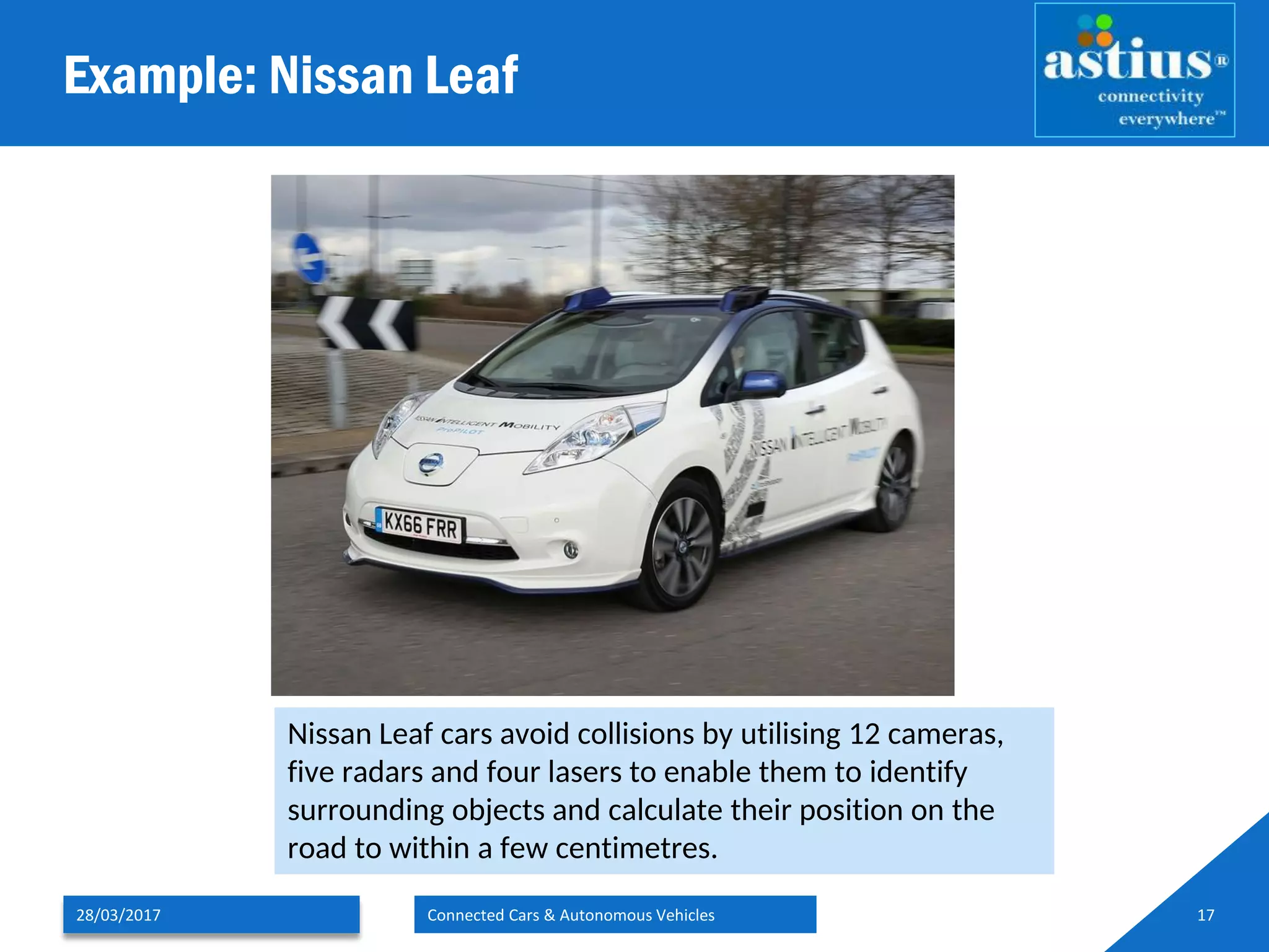 Example: Nissan Leaf
28/03/2017 Connected Cars & Autonomous Vehicles 17
Nissan Leaf cars avoid collisions by utilising 12 cameras,
five radars and four lasers to enable them to identify
surrounding objects and calculate their position on the
road to within a few centimetres.
 