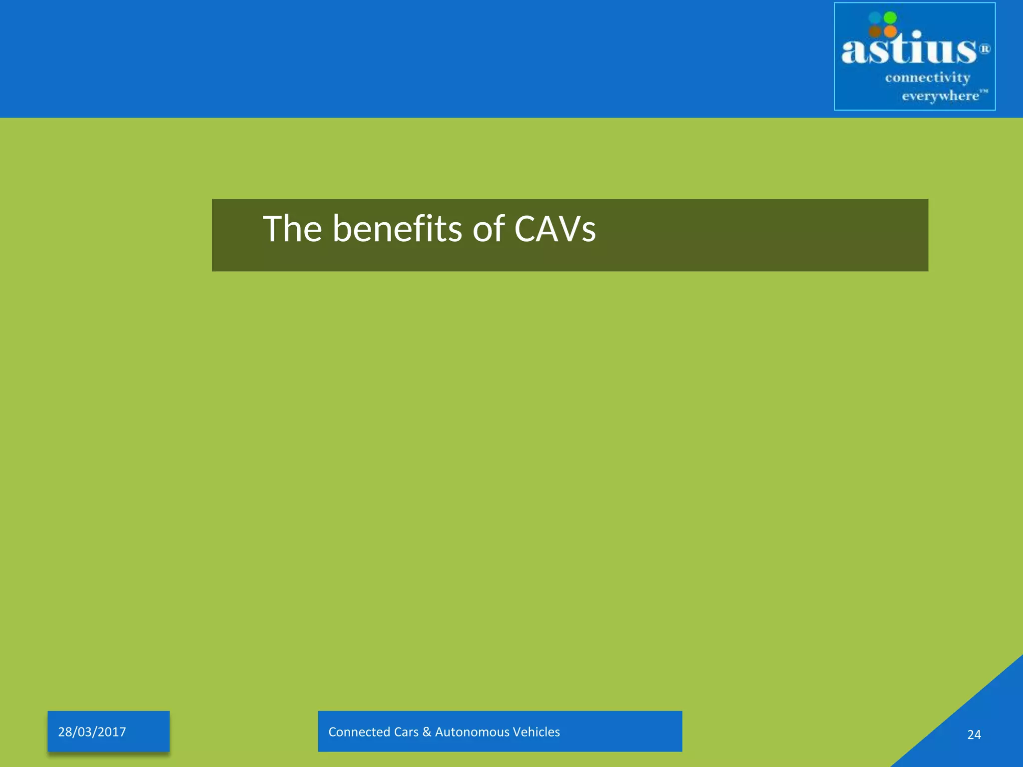 The benefits of CAVs
28/03/2017 Connected Cars & Autonomous Vehicles 24
 