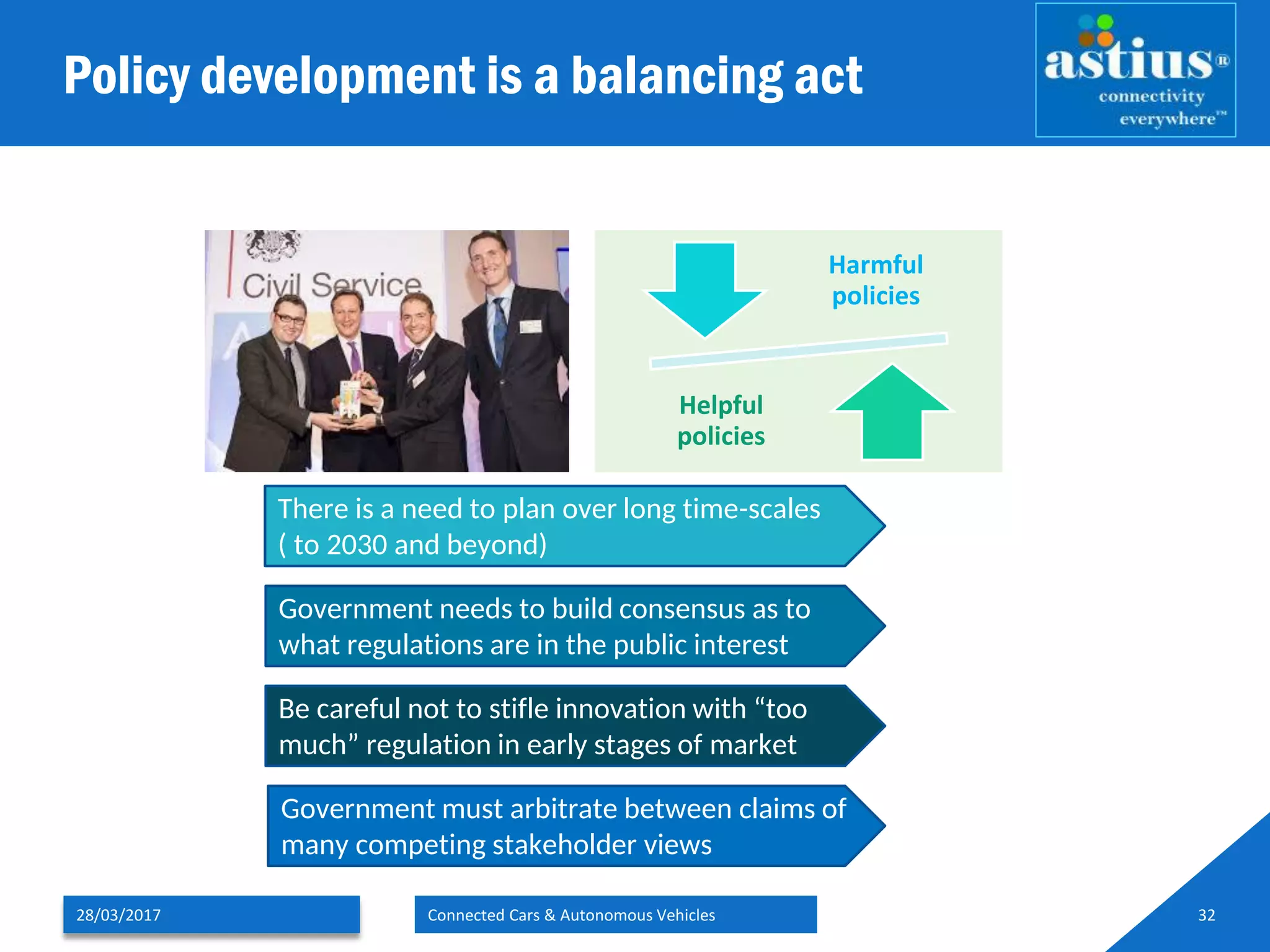 Policy development is a balancing act
28/03/2017 Connected Cars & Autonomous Vehicles 32
There is a need to plan over long time-scales
( to 2030 and beyond)
Government needs to build consensus as to
what regulations are in the public interest
Be careful not to stifle innovation with “too
much” regulation in early stages of market
Government must arbitrate between claims of
many competing stakeholder views
Harmful
policies
Helpful
policies
 