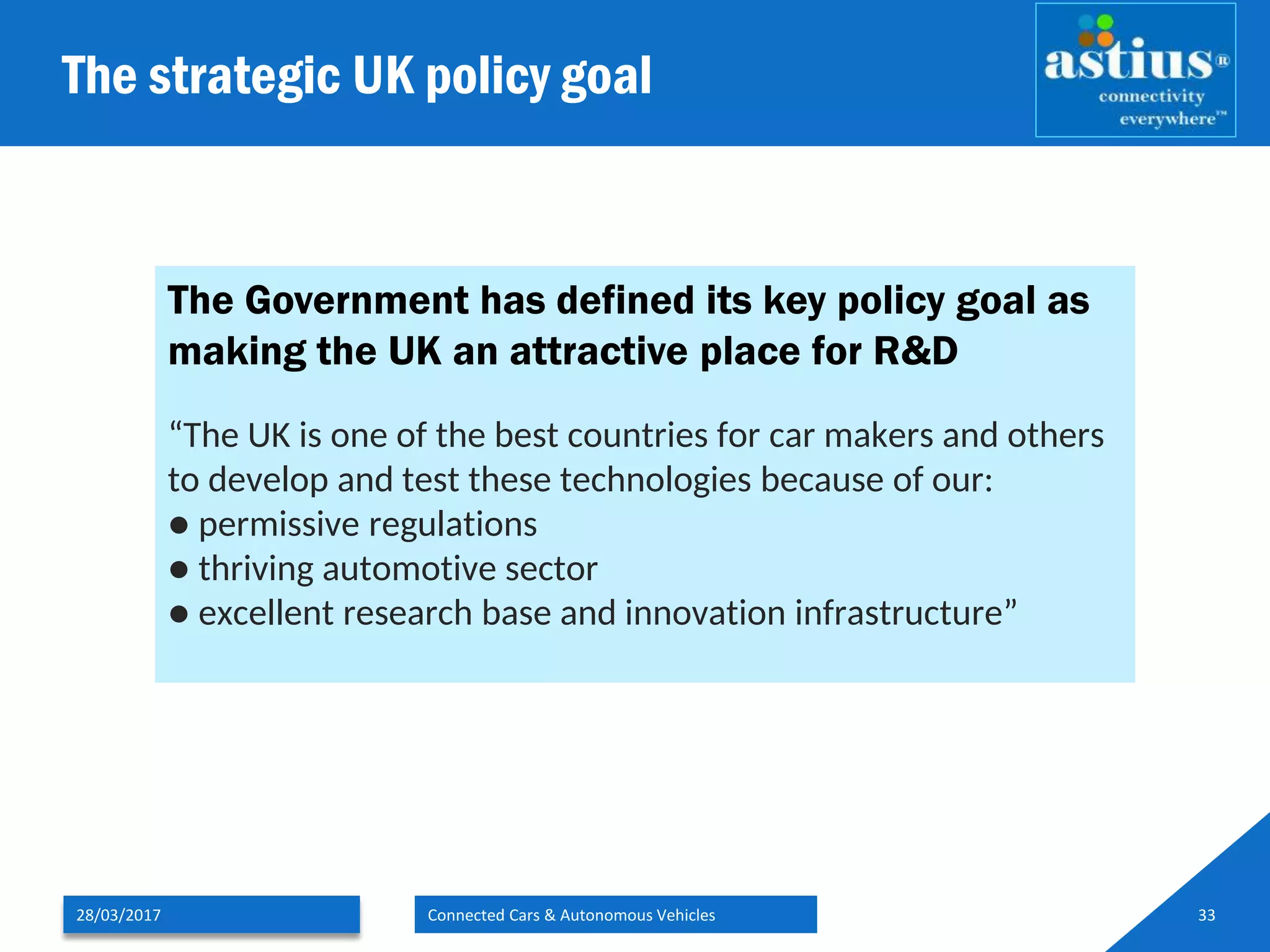 The strategic UK policy goal
28/03/2017 Connected Cars & Autonomous Vehicles 33
The Government has defined its key policy goal as
making the UK an attractive place for R&D
“The UK is one of the best countries for car makers and others
to develop and test these technologies because of our:
● permissive regulations
● thriving automotive sector
● excellent research base and innovation infrastructure”
 