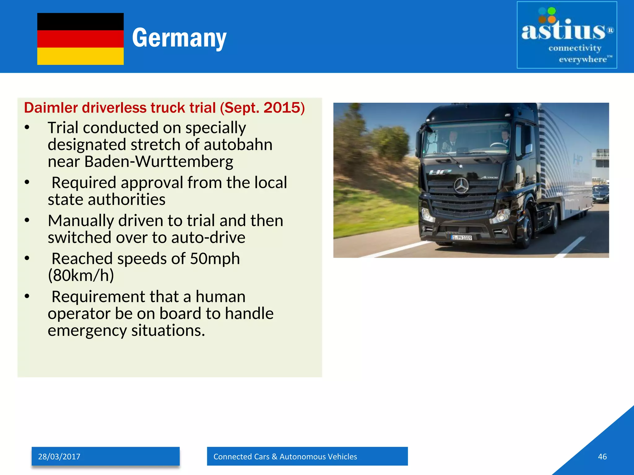 Germany
Daimler driverless truck trial (Sept. 2015)
• Trial conducted on specially
designated stretch of autobahn
near Baden-Wurttemberg
• Required approval from the local
state authorities
• Manually driven to trial and then
switched over to auto-drive
• Reached speeds of 50mph
(80km/h)
• Requirement that a human
operator be on board to handle
emergency situations.
28/03/2017 Connected Cars & Autonomous Vehicles 46
 