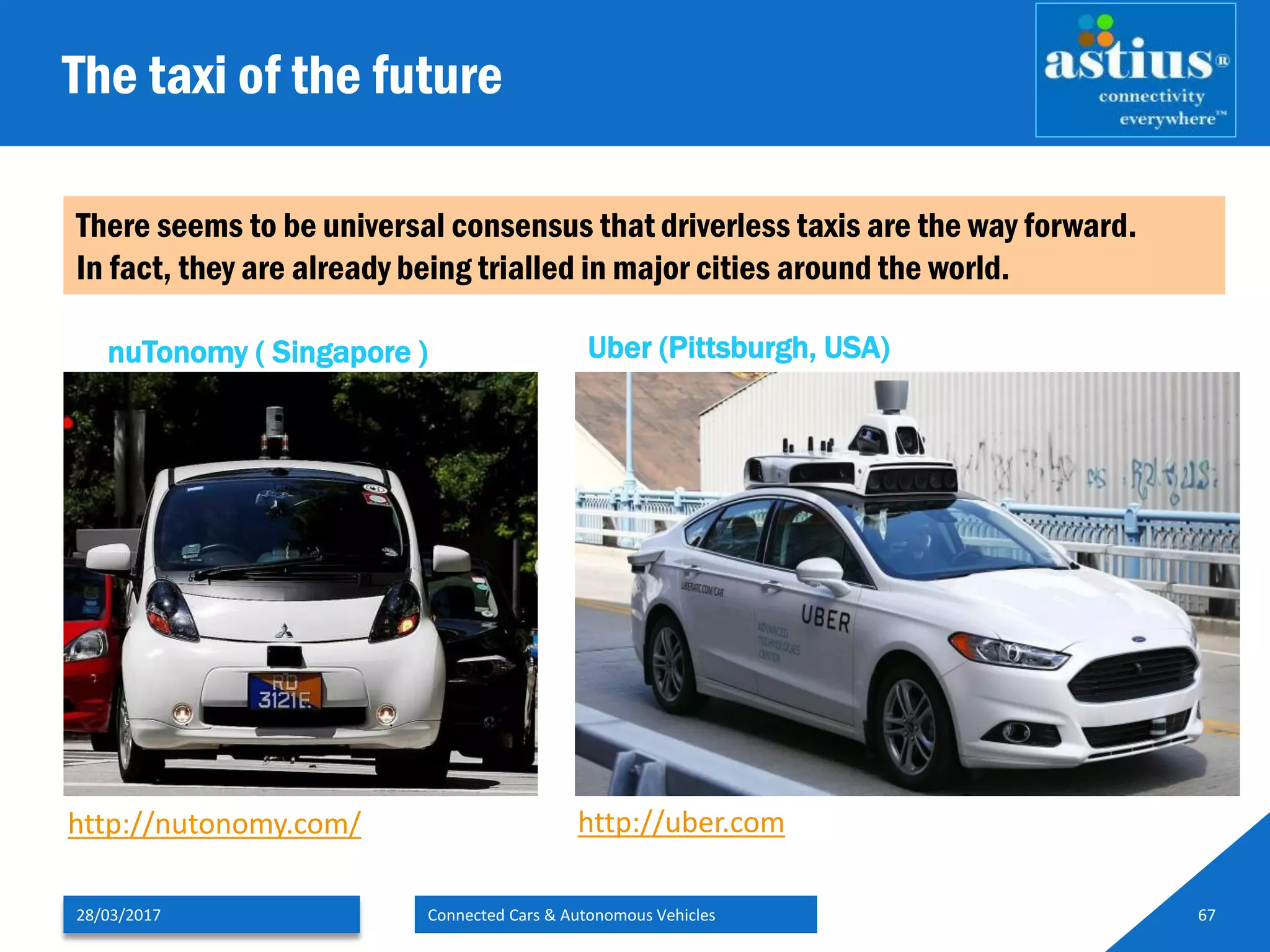 The taxi of the future
28/03/2017 Connected Cars & Autonomous Vehicles 67
There seems to be universal consensus that driverless taxis are the way forward.
In fact, they are already being trialled in major cities around the world.
http://nutonomy.com/
nuTonomy ( Singapore ) Uber (Pittsburgh, USA)
http://uber.com
 