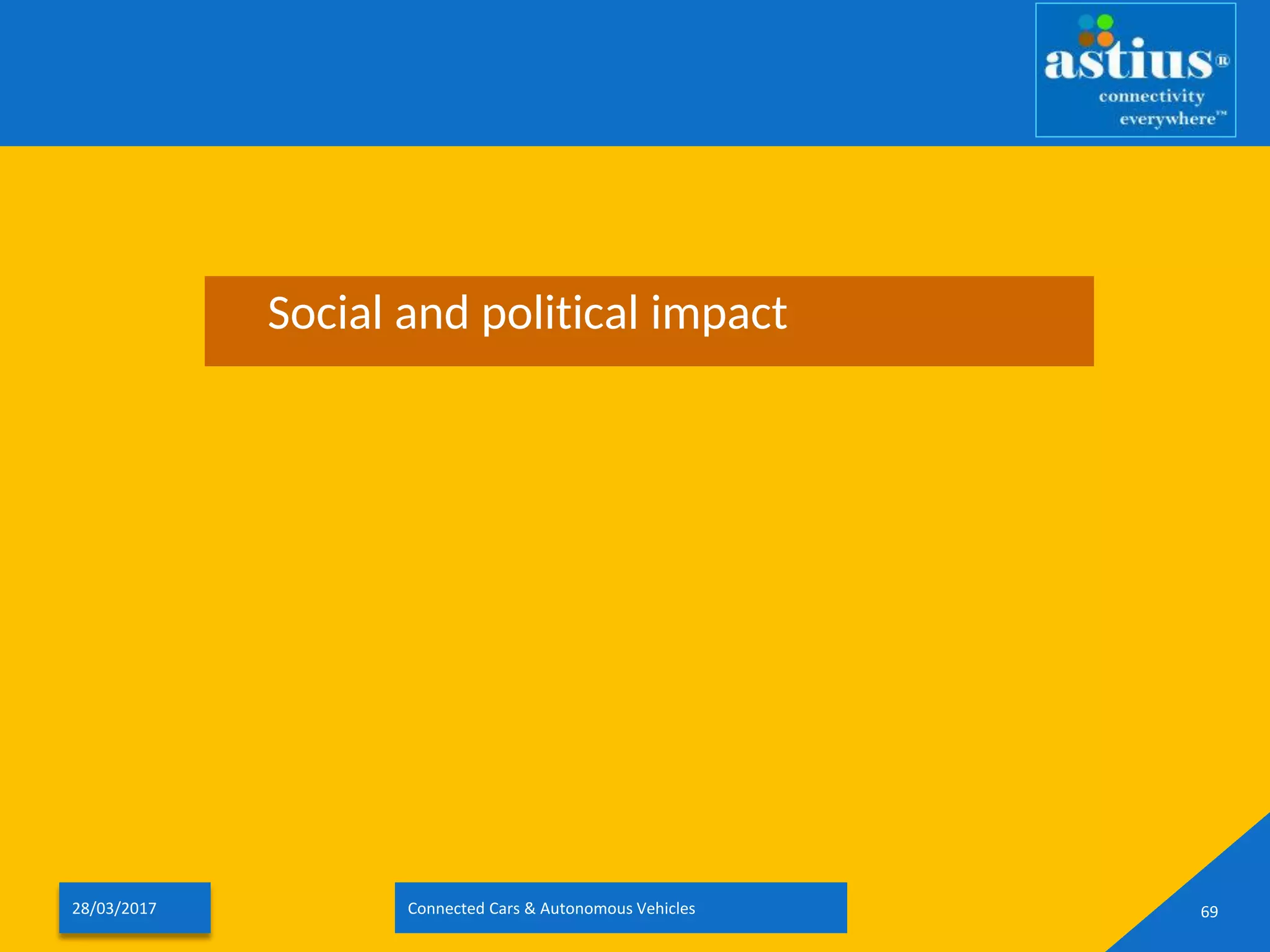 Social and political impact
28/03/2017 Connected Cars & Autonomous Vehicles 69
 