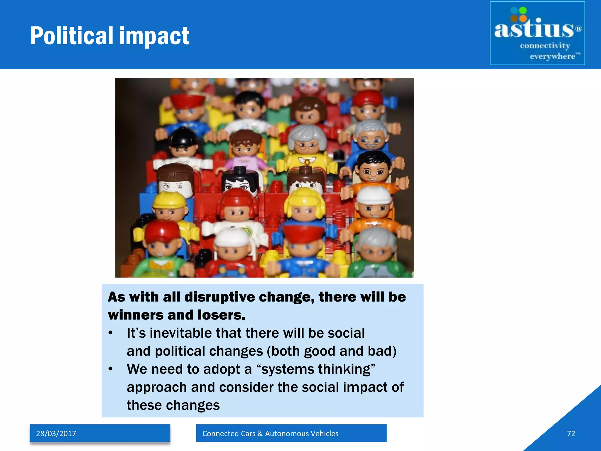 Political impact
28/03/2017 Connected Cars & Autonomous Vehicles 72
As with all disruptive change, there will be
winners and losers.
• It’s inevitable that there will be social
and political changes (both good and bad)
• We need to adopt a “systems thinking”
approach and consider the social impact of
these changes
 