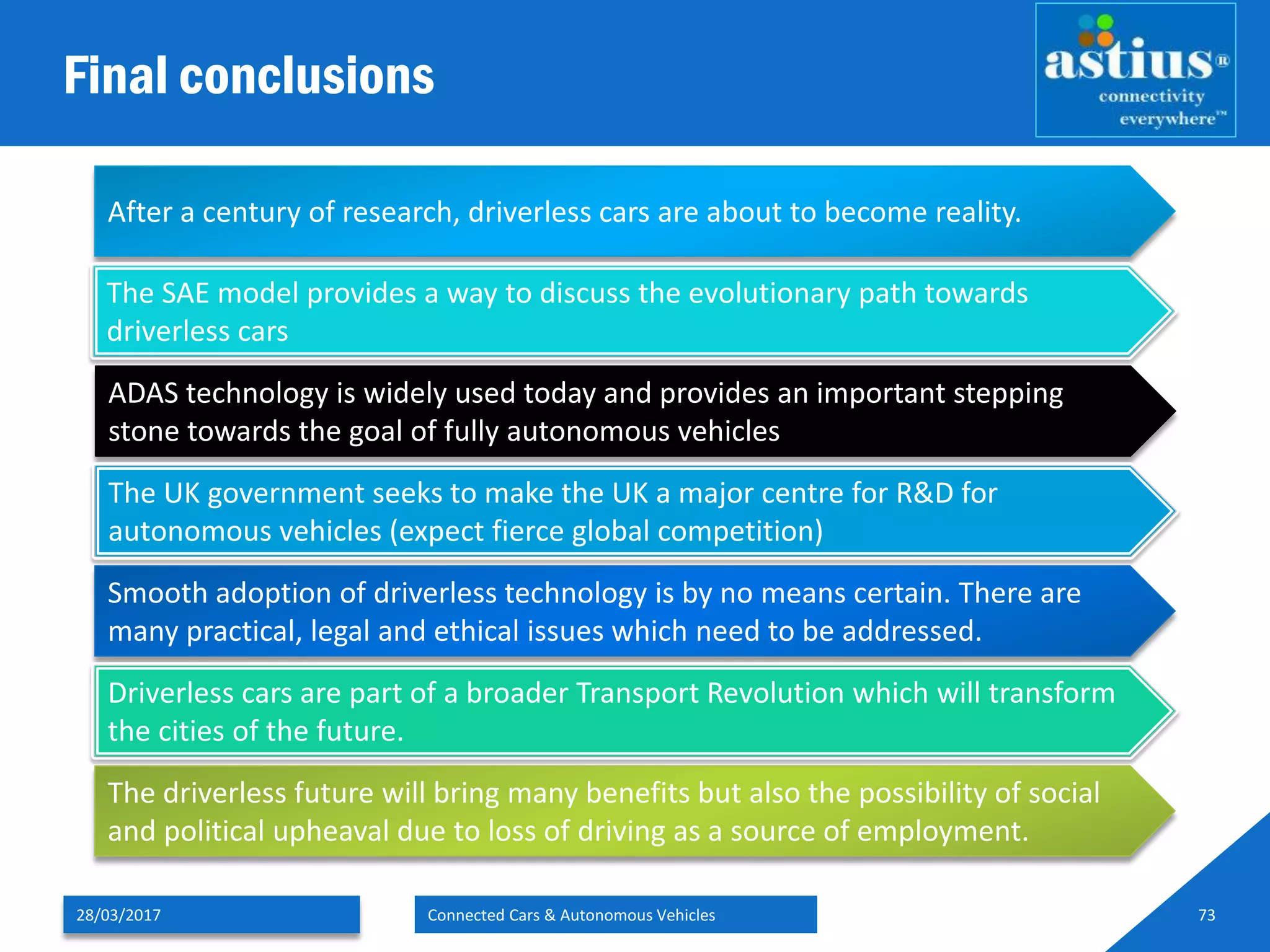 Final conclusions
28/03/2017 Connected Cars & Autonomous Vehicles 73
After a century of research, driverless cars are about to become reality.
The SAE model provides a way to discuss the evolutionary path towards
driverless cars
ADAS technology is widely used today and provides an important stepping
stone towards the goal of fully autonomous vehicles
The UK government seeks to make the UK a major centre for R&D for
autonomous vehicles (expect fierce global competition)
Smooth adoption of driverless technology is by no means certain. There are
many practical, legal and ethical issues which need to be addressed.
Driverless cars are part of a broader Transport Revolution which will transform
the cities of the future.
The driverless future will bring many benefits but also the possibility of social
and political upheaval due to loss of driving as a source of employment.
 