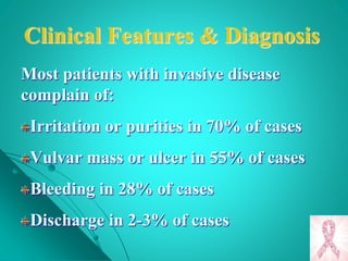 Clinical Features & Diagnosis
Most patients with invasive disease
complain of:
Irritation or purities in 70% of cases
Vulvar mass or ulcer in 55% of cases
Bleeding in 28% of cases
Discharge in 2-3% of cases
 