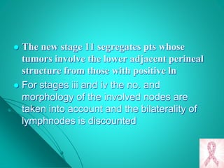  The new stage 11 segregates pts whose
tumors involve the lower adjacent perineal
structure from those with positive ln
 For stages iii and iv the no. and
morphology of the involved nodes are
taken into account and the bilaterality of
lymphnodes is discounted
 