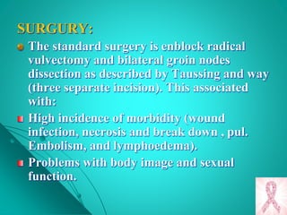 SURGURY:
The standard surgery is enblock radical
vulvectomy and bilateral groin nodes
dissection as described by Taussing and way
(three separate incision). This associated
with:
High incidence of morbidity (wound
infection, necrosis and break down , pul.
Embolism, and lymphoedema).
Problems with body image and sexual
function.
 