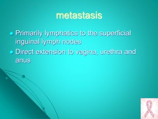 metastasis
 Primarily lymphatics to the superficial
inguinal lymph nodes
 Direct extension to vagina, urethra and
anus
 