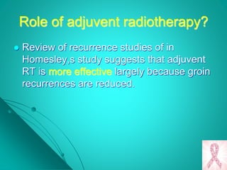 Role of adjuvent radiotherapy?
 Review of recurrence studies of in
Homesley,s study suggests that adjuvent
RT is more effective largely because groin
recurrences are reduced.
 