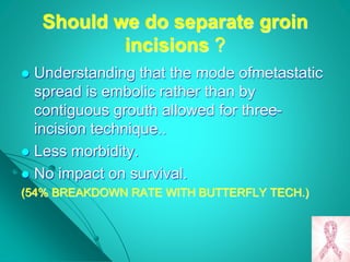 Should we do separate groin
incisions ?
 Understanding that the mode ofmetastatic
spread is embolic rather than by
contiguous grouth allowed for three-
incision technique..
 Less morbidity.
 No impact on survival.
(54% BREAKDOWN RATE WITH BUTTERFLY TECH.)
 