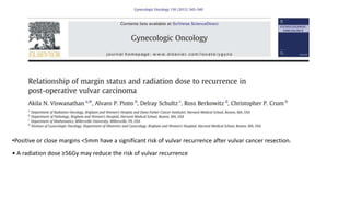 •Positive or close margins <5mm have a significant risk of vulvar recurrence after vulvar cancer resection.
• A radiation dose ≥56Gy may reduce the risk of vulvar recurrence
 
