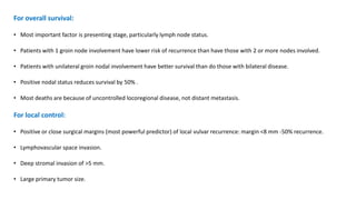 For overall survival:
• Most important factor is presenting stage, particularly lymph node status.
• Patients with 1 groin node involvement have lower risk of recurrence than have those with 2 or more nodes involved.
• Patients with unilateral groin nodal involvement have better survival than do those with bilateral disease.
• Positive nodal status reduces survival by 50% .
• Most deaths are because of uncontrolled locoregional disease, not distant metastasis.
For local control:
• Positive or close surgical margins (most powerful predictor) of local vulvar recurrence: margin <8 mm -50% recurrence.
• Lymphovascular space invasion.
• Deep stromal invasion of >5 mm.
• Large primary tumor size.
 