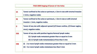 IA Tumor confined to the vulva or perineum, ≤ 2cm in size with stromal invasion
≤ 1mm, negative nodes
IB Tumor confined to the vulva or perineum, > 2cm in size or with stromal
invasion > 1mm, negative nodes.
II Tumor of any size with adjacent spread (1/3 lower urethra, 1/3 lower vagina,
anus), negative nodes.
IIIA Tumor of any size with positive inguino-femoral lymph nodes:
(i) 1 lymph node metastasis greater than or equal to 5 mm
(ii) 1-2 lymph node metastasis(es) of less than 5 mm
IIIB (i) 2 or more lymph nodes metastases greater than or equal to 5 mm
(ii) 3 or more lymph nodes metastases less than 5 mm
FIGO 2009 Staging of Cancer of the Vulva
 