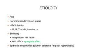 ETIOLOGY
 Age
 Compromised immune status
 HPV infection
 16,18,33 –VIN, invasive ca
 Smoking –
 Independent risk factor
 With HPV – synergistic effect
 Epithelial dystrophies (Lichen sclerosis / sq cell hyperplasia)
 