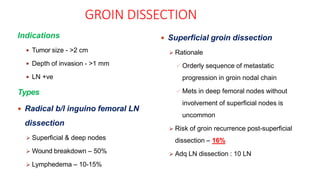 GROIN DISSECTION
Indications
 Tumor size - >2 cm
 Depth of invasion - >1 mm
 LN +ve
Types
 Radical b/l inguino femoral LN
dissection
 Superficial & deep nodes
 Wound breakdown – 50%
 Lymphedema – 10-15%
 Superficial groin dissection
 Rationale
 Orderly sequence of metastatic
progression in groin nodal chain
 Mets in deep femoral nodes without
involvement of superficial nodes is
uncommon
 Risk of groin recurrence post-superficial
dissection – 16%
 Adq LN dissection : 10 LN
 