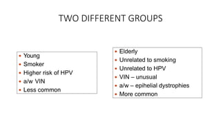 TWO DIFFERENT GROUPS
 Young
 Smoker
 Higher risk of HPV
 a/w VIN
 Less common
 Elderly
 Unrelated to smoking
 Unrelated to HPV
 VIN – unusual
 a/w – epihelial dystrophies
 More common
 