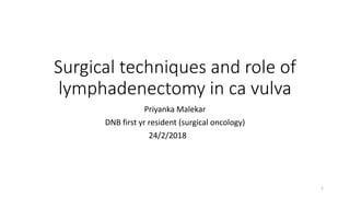 Surgical techniques and role of
lymphadenectomy in ca vulva
Priyanka Malekar
DNB first yr resident (surgical oncology)
24/2/2018
1
 