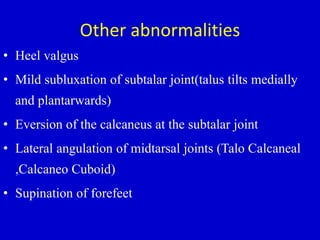 Other abnormalities
• Heel valgus
• Mild subluxation of subtalar joint(talus tilts medially
and plantarwards)
• Eversion of the calcaneus at the subtalar joint
• Lateral angulation of midtarsal joints (Talo Calcaneal
,Calcaneo Cuboid)
• Supination of forefeet
 