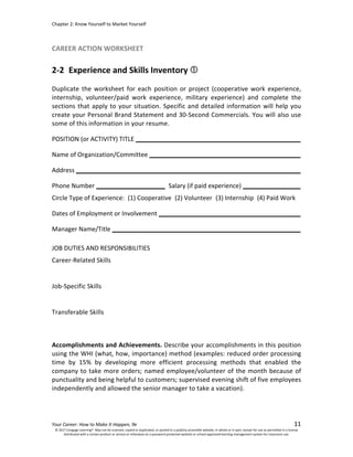 Chapter 2: Know Yourself to Market Yourself
Your Career: How to Make It Happen, 9e 11
CAREER ACTION WORKSHEET
2-2 Experience and Skills Inventory
Duplicate the worksheet for each position or project (cooperative work experience,
internship, volunteer/paid work experience, military experience) and complete the
sections that apply to your situation. Specific and detailed information will help you
create your Personal Brand Statement and 30-Second Commercials. You will also use
some of this information in your resume.
POSITION (or ACTIVITY) TITLE
Name of Organization/Committee
Address
Phone Number ____________________ Salary (if paid experience)
Circle Type of Experience: (1) Cooperative (2) Volunteer (3) Internship (4) Paid Work
Dates of Employment or Involvement
Manager Name/Title
JOB DUTIES AND RESPONSIBILITIES
Career-Related Skills
Job-Specific Skills
Transferable Skills
Accomplishments and Achievements. Describe your accomplishments in this position
using the WHI (what, how, importance) method (examples: reduced order processing
time by 15% by developing more efficient processing methods that enabled the
company to take more orders; named employee/volunteer of the month because of
punctuality and being helpful to customers; supervised evening shift of five employees
independently and allowed the senior manager to take a vacation).
© 2017 Cengage Learning®. May not be scanned, copied or duplicated, or posted to a publicly accessible website, in whole or in part, except for use as permitted in a license
distributed with a certain product or service or otherwise on a password-protected website or school-approved learning management system for classroom use.
Customer Service Rep.
Speedway
3269 Main St, Marlette MI, 48453
989-635-7043 8.50
10/2016-12/2016
Tonya
Dealing with public,
Running cash register and shelves and coolers
Dealing with public.
 