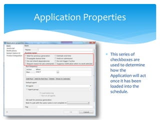 Application Properties
 This series of
checkboxes are
used to determine
how the
Application will act
once it has been
loaded into the
schedule.
 