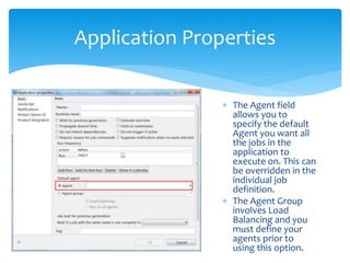 Application Properties
 The Agent field
allows you to
specify the default
Agent you want all
the jobs in the
application to
execute on. This can
be overridden in the
individual job
definition.
 The Agent Group
involves Load
Balancing and you
must define your
agents prior to
using this option.
 