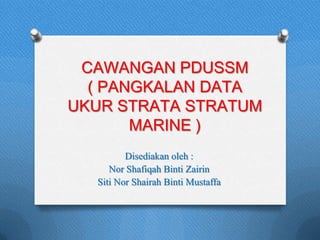 CAWANGAN PDUSSM
( PANGKALAN DATA
UKUR STRATA STRATUM
MARINE )
Disediakan oleh :
Nor Shafiqah Binti Zairin
Siti Nor Shairah Binti Mustaffa

 