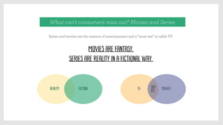 What can’t consumers miss out? Movies and Series
Series and movies are the essence of entertainment and a “must see” in cable TV.
Movies are Fantasy.
Series are reality in a fictional way.
reality fiction tv moviesser
ies
 