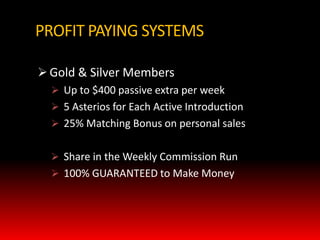 What is Your Override on Roy, Sue, Bob & Ted?Your Earn from:Roy’s GMR:  (13% of 15K)	   	1,950Sue’s GMR:  (10% of 45K)	   	4,500Bob’s GMR:  (6% of 85K)	   	5,100Ted’s GMR:   (11% of 35K)	   	3,850Total Override:	  	          15,400.00Open Commission:	            4,963.00Your Total Commission$20,363+YOU$65,00019%++Total 245,000 (19%)32www.Club-Asteria.com
