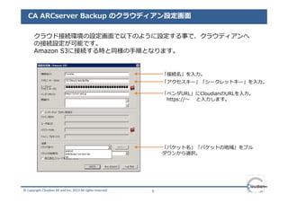 CA ARCserver Backup のクラウディアン設定画面

       クラウド接続環境の設定画面で以下のように設定する事で、クラウディアンへ
       の接続設定が可能です。
       Amazon S3に接続する時と同様の⼿順となります。


                                                                「接続名」を⼊⼒。
                                                                「アクセスキー」「シークレットキー」を⼊⼒。

                                                                「ベンダURL」にCloudianのURLを⼊⼒。
                                                                 https://〜 と⼊⼒します。




                                                                「バケット名」「バケットの地域」をプル
                                                                ダウンから選択。




© Copyright Cloudian KK and Inc, 2013 All rights reserved   6
 