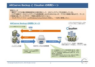 ARCserve Backup と Cloudian の利用シーン

    想定ケース
    ・機密データや企業の情報資産等の災害対策として、2次バックアップ先を検討している。
    ・ログや顧客データのバックアップは⻑期保管しなければならないが、アクセス頻度が稀なので、ディス
    ク単価の高いディスクやテープ媒体は使⽤させたくない。
    ・マルチプラットフォーム(Windows/Linux/Unix)に対応し、⼀元的に管理したい。

                                                                                           ニフティクラウドやクラウド・エヌも
    ARCserve Backup の利用イメージ                                                                バックアップ先として利⽤できます。

    ファイル単位でのリストアが可能



                                                            リストア




                                  リストア



                                 バックアップ                              ファイルをコピー

                                                                                   コンプライアンス、7年保存、災害対策等・・・
                                                                                   対策が必要なデータを抽出し、クラウド上へ保管
        バックアップ対象                                    NASやテープなどの記憶装置


                                マルチプラットフォームの環境を                           データの重要度やバックアップ保持規則等に基づき、必要な
                                ⼀元管理し、様々な形態でのバッ                           データのみをクラウド上へコピー。イメージ毎コピーしない
                                クアップを取得。                                  ため、データ転送料⾦／使⽤料⾦を抑える事ができ、また災
                                                                          害対策への対応を実現。
                                                                          アクセス頻度が少ないデータについては、NAS上から削除し、
                                                                          NASのストレージ利⽤容量を節約する事も可能です。




© Copyright Cloudian KK and Inc, 2013 All rights reserved             9
 