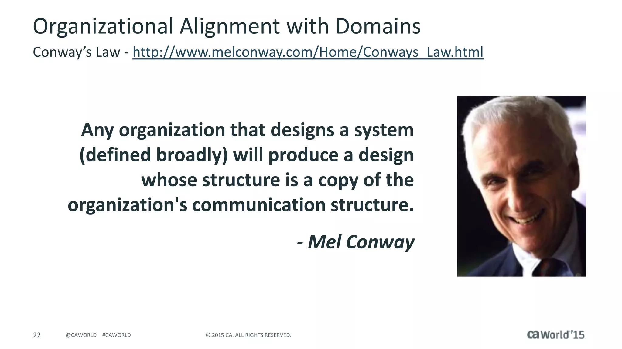 22 © 2015 CA. ALL RIGHTS RESERVED.@CAWORLD #CAWORLD
Organizational Alignment with Domains
Conway’s Law - http://www.melconway.com/Home/Conways_Law.html
Any organization that designs a system
(defined broadly) will produce a design
whose structure is a copy of the
organization's communication structure.
- Mel Conway
 