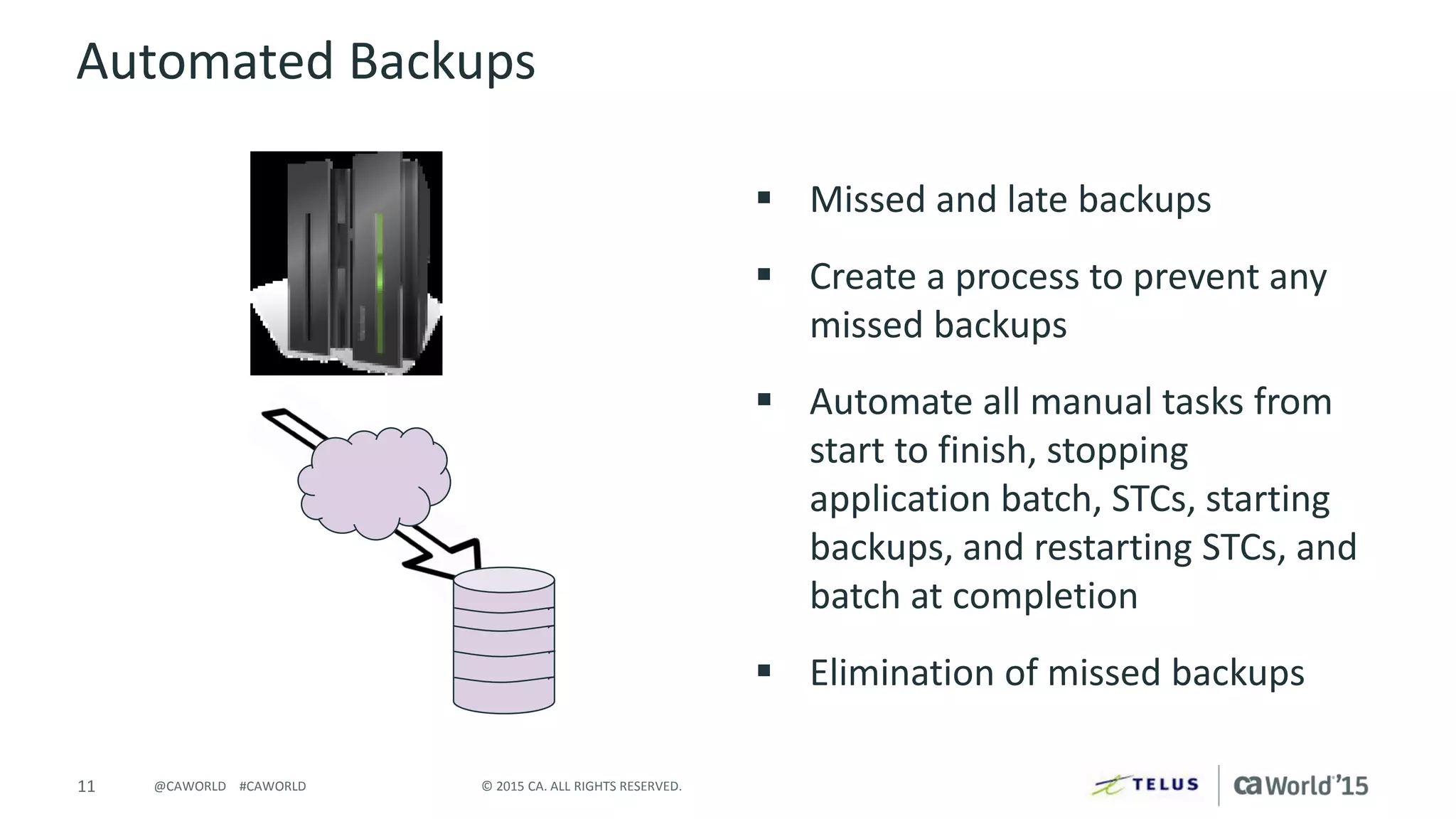 11 © 2015 CA. ALL RIGHTS RESERVED.@CAWORLD #CAWORLD
Automated Backups
 Missed and late backups
 Create a process to prevent any
missed backups
 Automate all manual tasks from
start to finish, stopping
application batch, STCs, starting
backups, and restarting STCs, and
batch at completion
 Elimination of missed backups
 