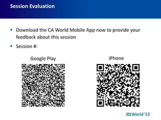  Download the CA World Mobile App now to provide your
feedback about this session
 Session #:
Session Evaluation
iPhoneGoogle Play
 