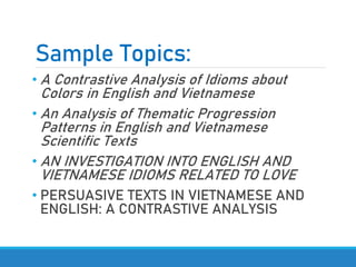 Sample Topics:
• A Contrastive Analysis of Idioms about
Colors in English and Vietnamese
• An Analysis of Thematic Progression
Patterns in English and Vietnamese
Scientific Texts
• AN INVESTIGATION INTO ENGLISH AND
VIETNAMESE IDIOMS RELATED TO LOVE
• PERSUASIVE TEXTS IN VIETNAMESE AND
ENGLISH: A CONTRASTIVE ANALYSIS
 