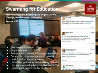 Swarming for Education 
Masters Program, Learning and Organizational 
Change, Northwestern University 
#msloc430 
● 560 tweets in an hour 
● 50 participants 
● Four posted knowledge management topics 
● Curated list of enterprise social network 
tactics and strategies created 
● List of thought leadership and blog material 
● Lasting relationship between NWU & CAWW 
● High impact experience for students 
 