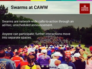 Swarms at CAWW 
Swarms are network-wide calls-to-action through an 
ad-hoc, unscheduled announcement. 
Anyone can participate; further interactions move 
into separate spaces. 
 