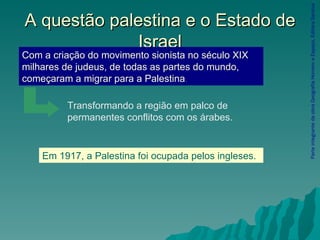A questão palestina e o Estado de Israel Parte integrante da obra Geografia Homem e Espaço, Editora Saraiva Transformando a região em palco de permanentes conflitos com os árabes.  Com a criação do movimento sionista no século XIX milhares de judeus, de todas as partes do mundo, começaram a migrar para a Palestina . Em 1917, a Palestina foi ocupada pelos ingleses.   
