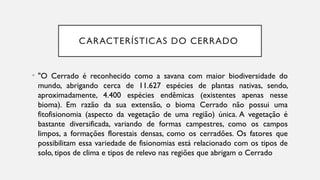 CARACTERÍSTICAS DO CERRADO
• "O Cerrado é reconhecido como a savana com maior biodiversidade do
mundo, abrigando cerca de 11.627 espécies de plantas nativas, sendo,
aproximadamente, 4.400 espécies endêmicas (existentes apenas nesse
bioma). Em razão da sua extensão, o bioma Cerrado não possui uma
fitofisionomia (aspecto da vegetação de uma região) única. A vegetação é
bastante diversificada, variando de formas campestres, como os campos
limpos, a formações florestais densas, como os cerradões. Os fatores que
possibilitam essa variedade de fisionomias está relacionado com os tipos de
solo, tipos de clima e tipos de relevo nas regiões que abrigam o Cerrado
 