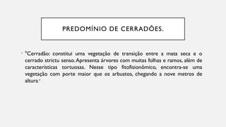 PREDOMÍNIO DE CERRADÕES.
• "Cerradão: constitui uma vegetação de transição entre a mata seca e o
cerrado strictu senso.Apresenta árvores com muitas folhas e ramos, além de
características tortuosas. Nesse tipo fitofisionômico, encontra-se uma
vegetação com porte maior que os arbustos, chegando a nove metros de
altura."
 